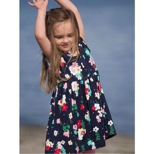 Hanna Andersson Kids Girls 7/8 (130) Navy Knit Floral Dress with Button Plaquett
